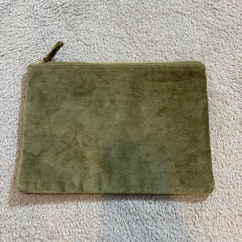 Sezane Olive Green Cotton Velvet Zippered Pouch Makeup Bag Clutch Travel - Picture 2 of 10